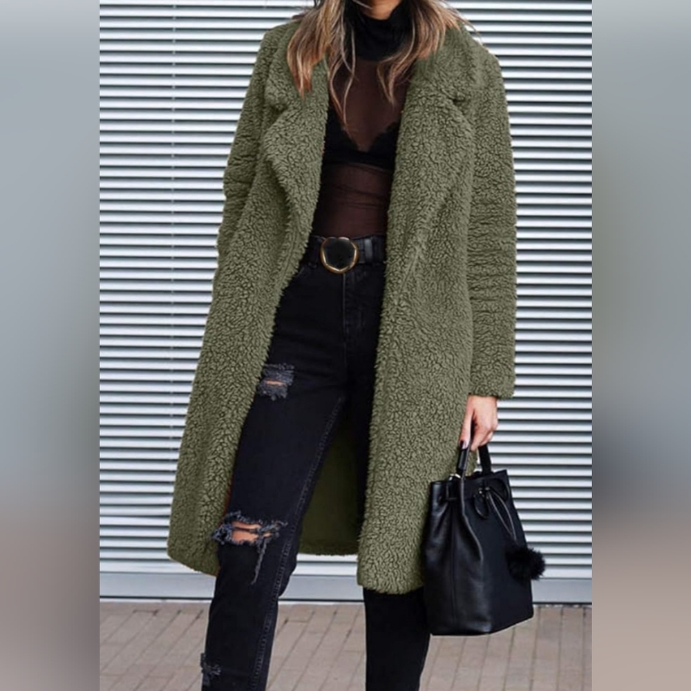 Angashion Women's Fuzzy Fleece Lapel Open Front Long Cardigan Coat Faux Fur Warm